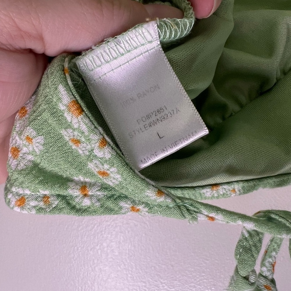 Timing Green Daisy Print Tie Back Crop Top Puff Sleeve Cottagecore Size L - Picture 8 of 9